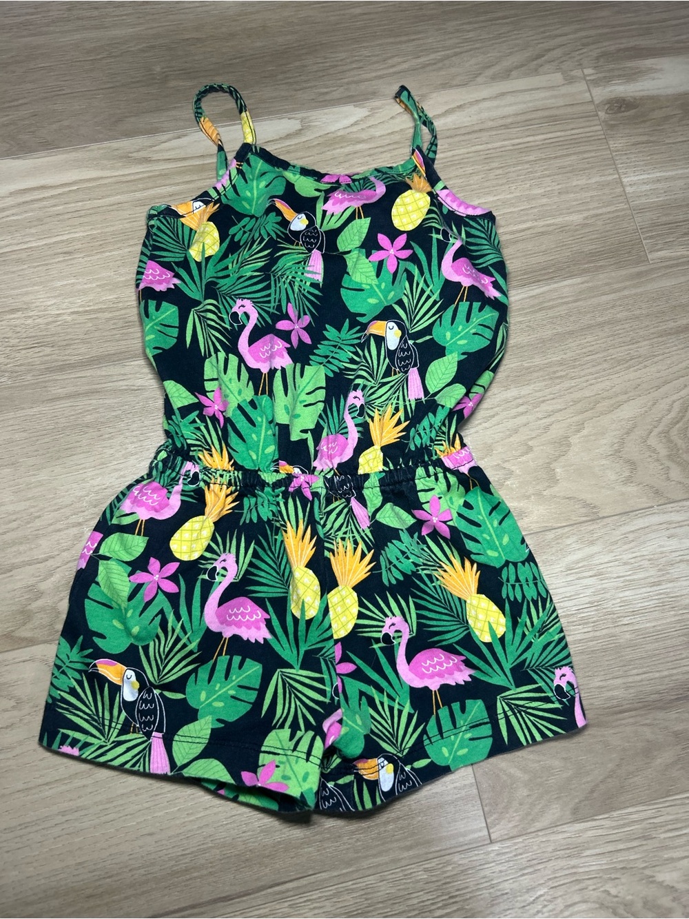 Girls Black Tropical Flamingo Romper - Cute Summer Shorts